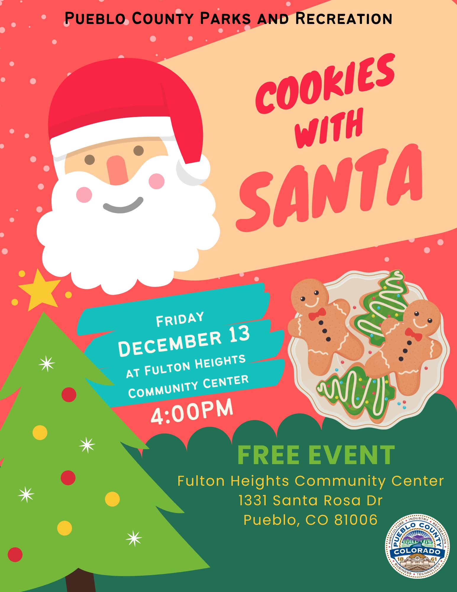Flyer about the Cookies with Santa event at Fulton Heights Community Center on December 13, 2024 at 4:00 PM