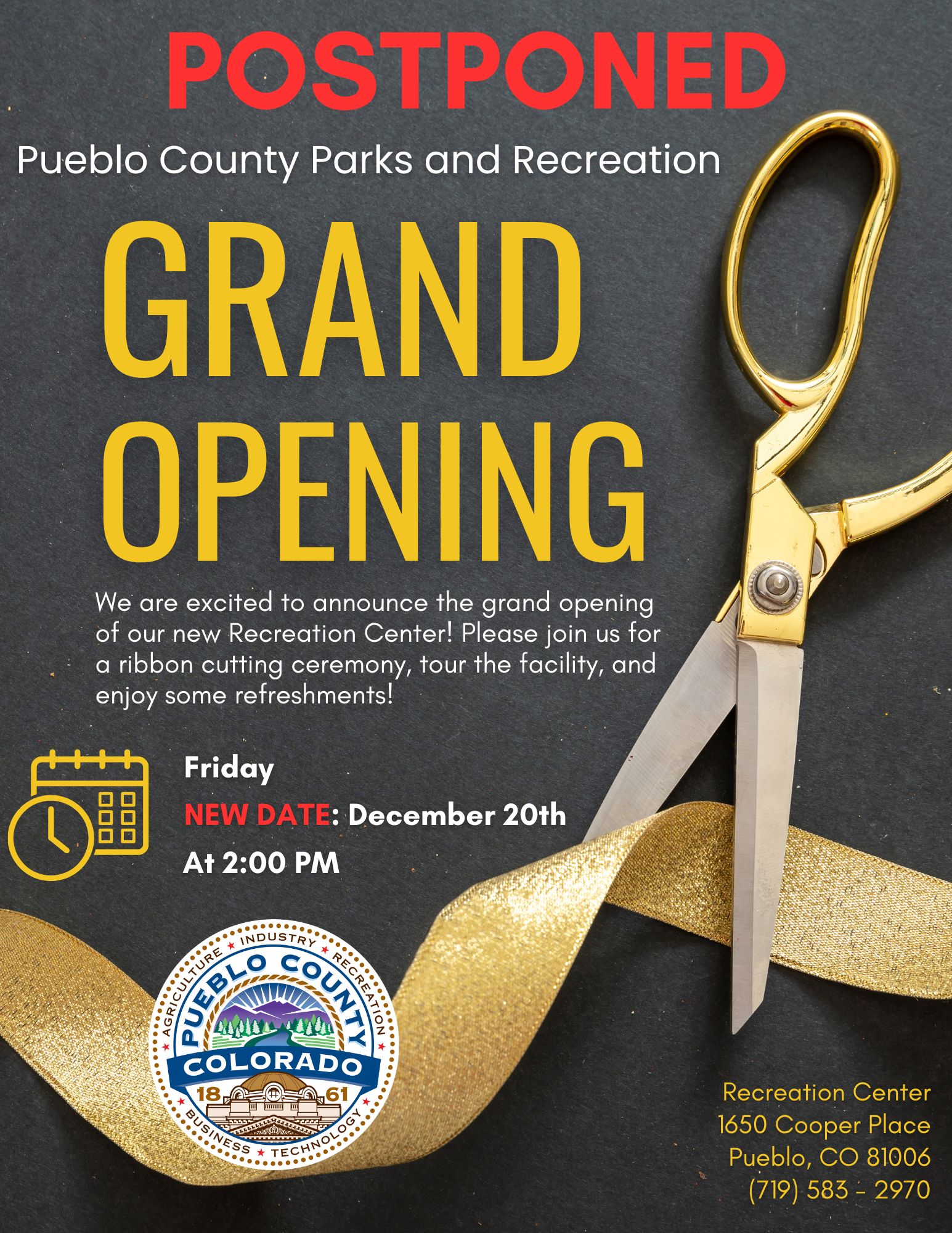 Recreation Center Grand Opening and Ribbon Cutting Ceremony flyer