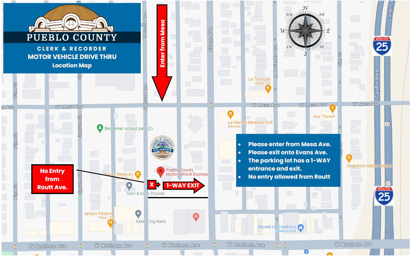 Clerk & Recorder, motor vehicle drive thru, location map
